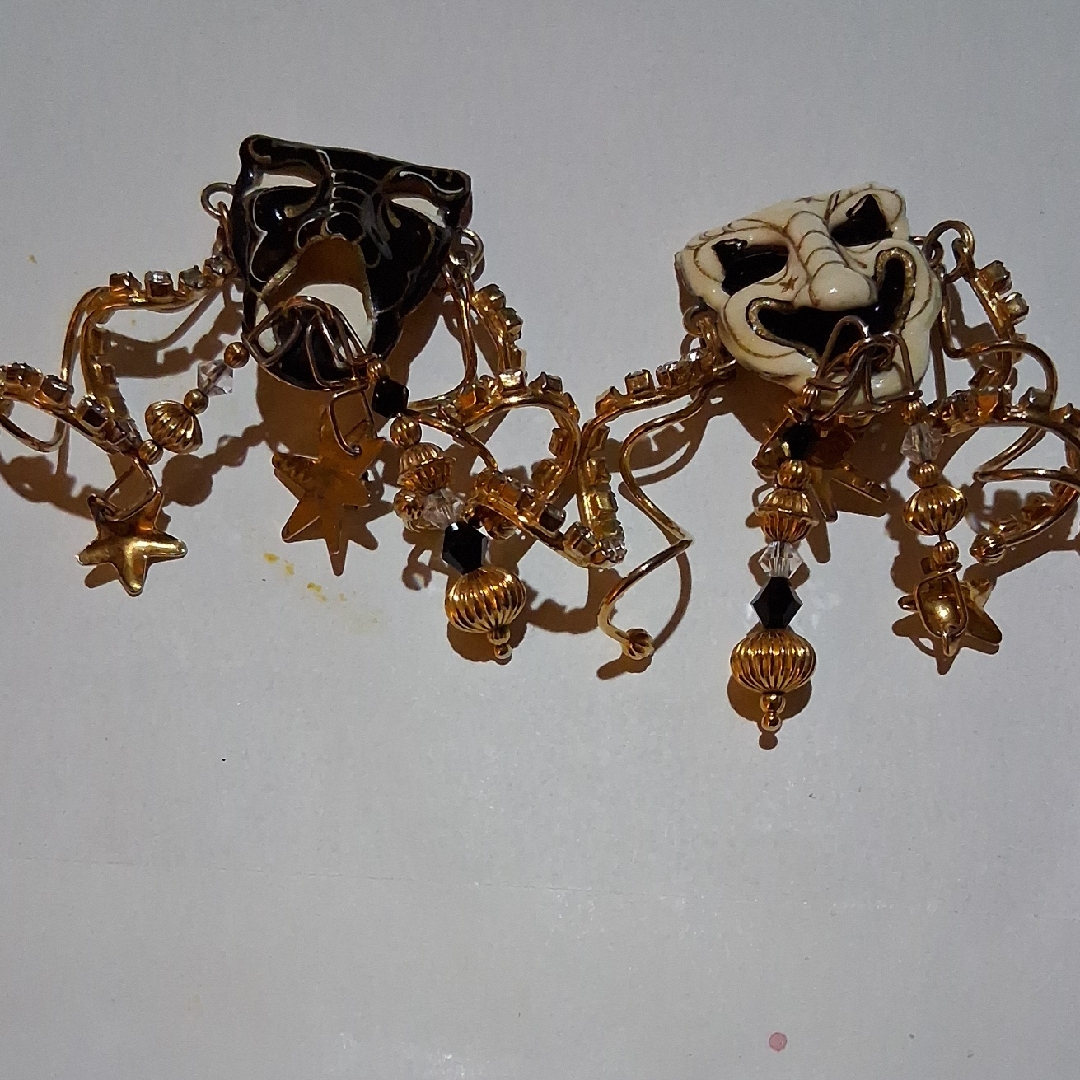 Theatrical Gold And Black Mask Earrings